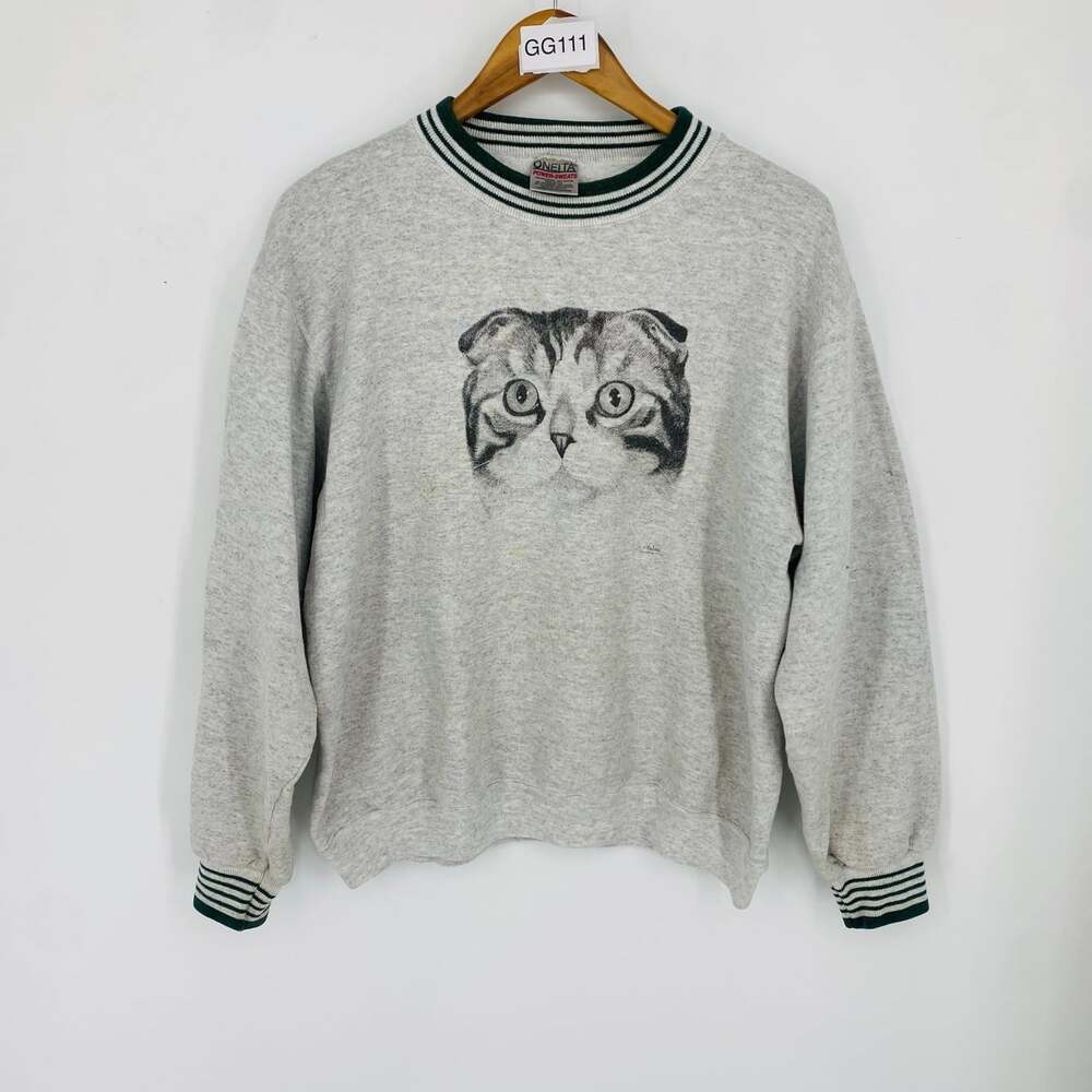 Vintage 90s Oneita Cat Graphic Sweatshirt Large Gray Striped Ribbing USA Made